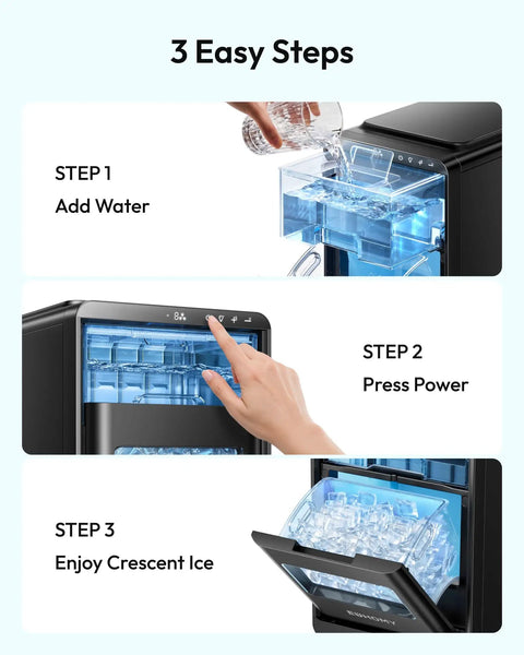 Step-by-step guide showing Countertop Crescent Ice Maker Slings Sixteen Chill Cubes In Twelve Minutes On Timer.