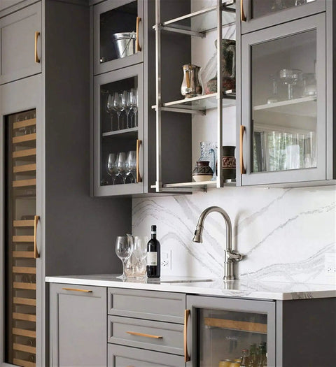 Brushed Bronzed Brass Cabinet Pull Set Mid Center 5 Inch Center To Center Zinc Alloy Drawer Wardrobe Hardware Modern Minimalist Cabinet Handles Six Pack Slick Durable Upgrade shown on kitchen cabinets in a modern kitchen.