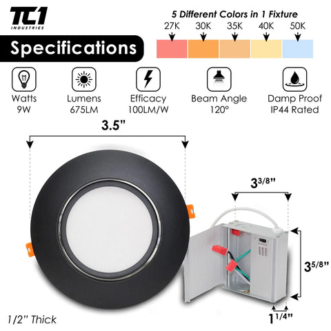 Ultra Thin Canless Gimbal Downlight Four Pack With Rotating Lens 5CCT Switch 9W Fixture specifications and dimensions