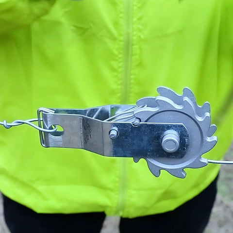 Heavy Duty Inline Wire Tensioner Kit For Electric Fences And Farm Fencing, close-up of rugged ratchet tensioner in action
