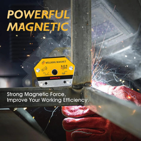 Front view of yellow XIONGJU welding magnet (25 kg) clamping steel beam during welding with sparks.