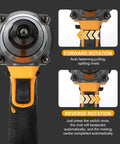 No Fuss Brushless Rivet Gun Pulling 12000 Newtons Of Rock Solid Grip With Quick Auto Reverse Toggle showing rotation controls and grip.