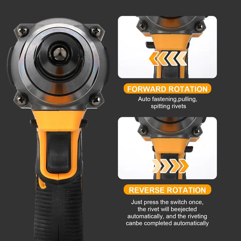 No Fuss Brushless Rivet Gun Pulling 12000 Newtons Of Rock Solid Grip With Quick Auto Reverse Toggle showing rotation controls and grip.