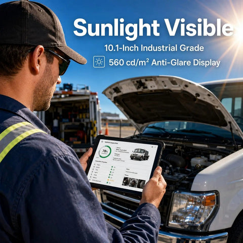 Man inspecting vehicle with Kickass Rugged Windows 11 Pro Tablet With 10 Inch Sunlight Display And Quick N100 Chip Packed With 8 GB Ram Plus A 2D Scanner Built Like A Tank For Outdoor Jobs And Trade Site Hustle.