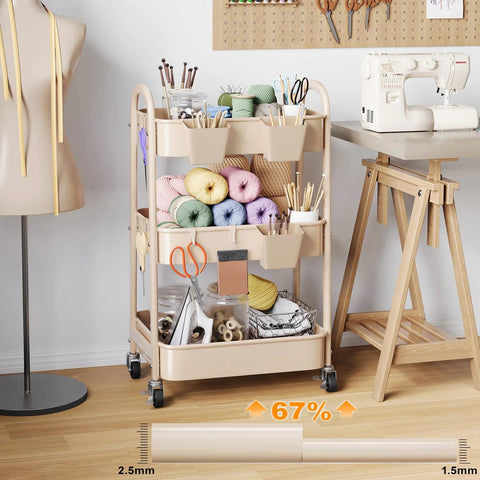 Beige 3 Tier Rolling Cart With Metal On Wheels A Spacious Multi Purpose Storage Organizer Trolley in a craft room setting