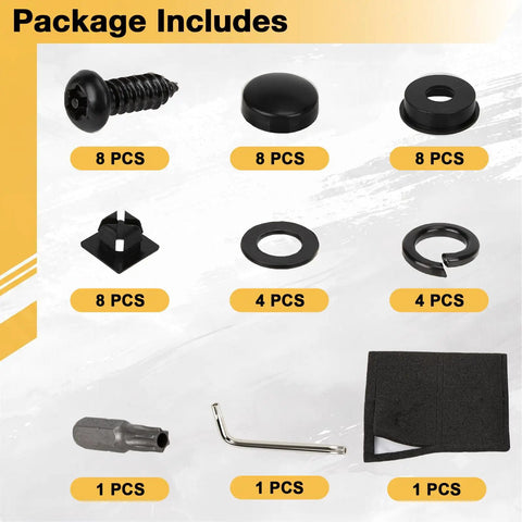 No Sweat Heavy Duty Tamper Proof License Plate Screws Set With Security Hex Buttons And Included Tool Parts Included in the Set