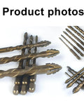 Heavy Duty 4‑Flute Sawtooth Eccentric Drill Bits With Titanium Carbide Tips For Metal Wood Plastic And Masonry, One Step Combo Drill Tap Set In Multi Sizes To Make Precision Threads Without The Hassle Or Mess. set of gold drill tap bits on white background