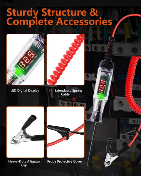 3-48V Automotive Test Light With Digital LED Voltage Tester Polarity Indicator 87 Inch Spring Cable And Stainless Steel Probe, display and clips