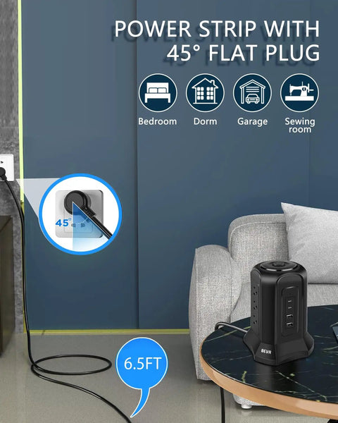 13 In 1 Tower Surge Protector With USB Charging Station 9 AC Outlets And 4 Smart USB Ports, 6.5 ft cord in room setup