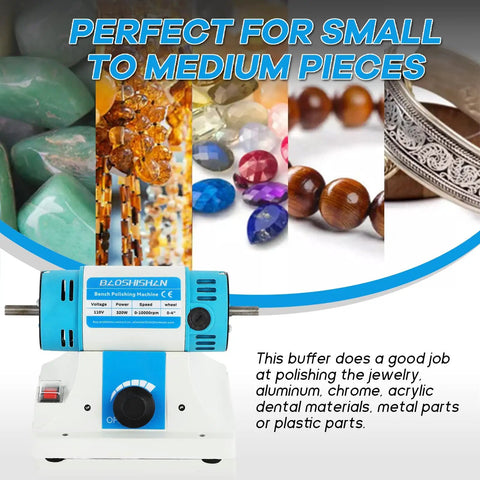 Bench Buffer Jewelry Polisher With Variable Speed Benchtop Buffing Machine Starter Kit with jewelry and materials