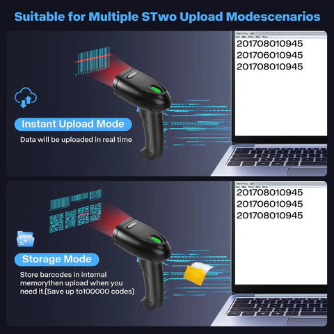 All In One 1D And 2D Barcode Scanner With Bluetooth USB Wired And 2.4G Wireless 3 In 1 QR PDF417 Data Matrix Handheld Reader in upload mode