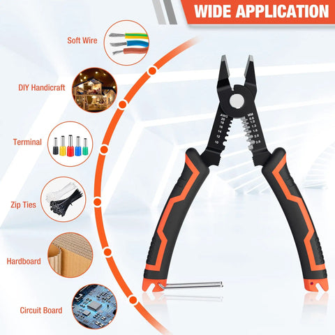 Wire Stripper And Cutters 6 Inch Tool For 10-22 AWG Wire With Flush Cutters Safety Lock on white background, showing wide application.