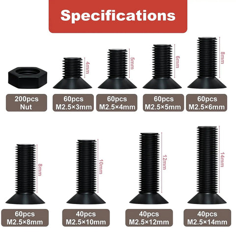 M2.5 Flat Head Machine Screws Set In Black Phillips, 620 Piece Assortment, Carbon Steel Bolts Nuts Kit With Lengths chart