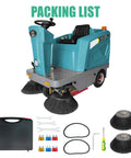 Badass Heavy Duty Ride On Industrial Floor Sweeper Devours Workplace Clutter Fast With Huge 26.4 Gallon Hopper And Bulletproof All Terrain Wheels, with packing list.