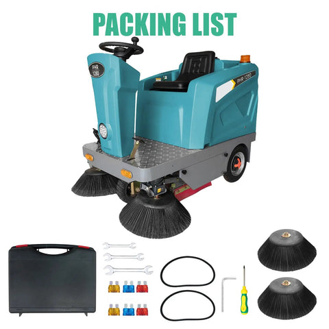 Badass Heavy Duty Ride On Industrial Floor Sweeper Devours Workplace Clutter Fast With Huge 26.4 Gallon Hopper And Bulletproof All Terrain Wheels, with packing list.