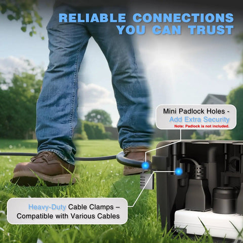 Heavy Duty Outdoor Electrical Box With Six Cable Entry Ports IP54 Waterproof ETL Certified Tough As Nails Weatherproof Box For Power Strips Timers Plugs And Holiday Lights Lockable Padlock Holes On Both Sides Black shown in a garden setting with cable entry ports visible.