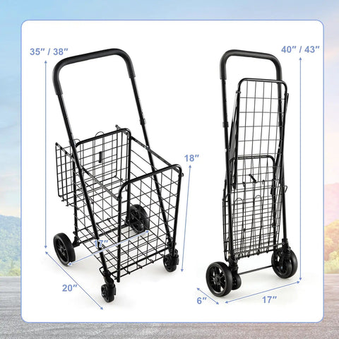 Foldable Grocery Hauling Cart With Dual Basket And 360 Degree Wheels, shown open and folded with dimensions