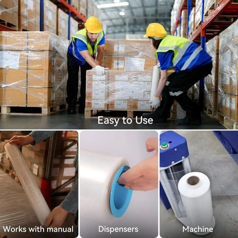 Heavy Duty 80 Gauge Plastic Stretch Wrap Roll 18 X 1500 Feet being used for pallet wrapping in a warehouse setting.