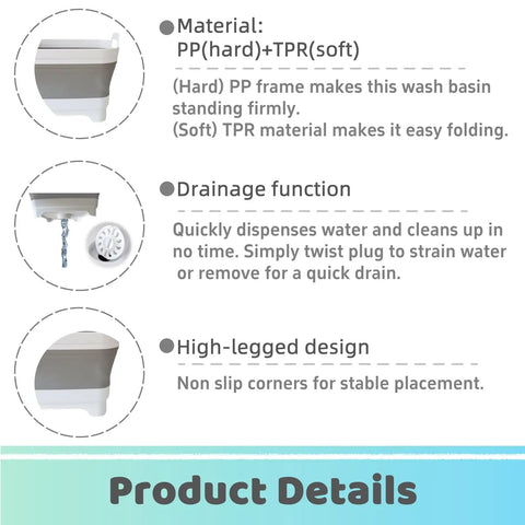 Collapsible Wash Basin With Drain Plug 2.4 Gallon Foldable Kitchen Sink features TPR material, drainage, and elevated design.