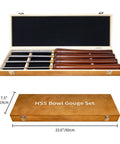 Built Tough Four Piece HSS Bowl Gouge Set Featuring Razor Sharp Carving Blades And Solid Beech Wood Grips For Heavy Duty Wood Lathe Turning Work Plus Convenient Wooden Carry Case in storage