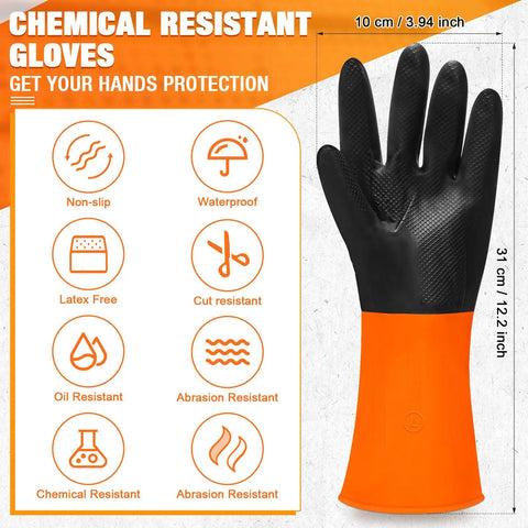 Heavy Duty Chemical Resistant Latex Gloves 12 Pairs Reusable Rubber Work Gear For Acid Oil And Grease Boss Level Industrial Hand Protection Xl Size Hustle Ready, showing details of gloves features.