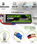 3S LiPo Battery 5200mAh 11.1V 80C High Discharge With EC3 Plug for RC Models, dimensions and plug details visible