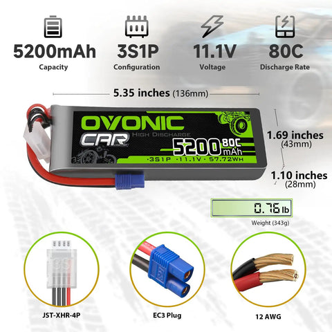 3S LiPo Battery 5200mAh 11.1V 80C High Discharge With EC3 Plug for RC Models, dimensions and plug details visible