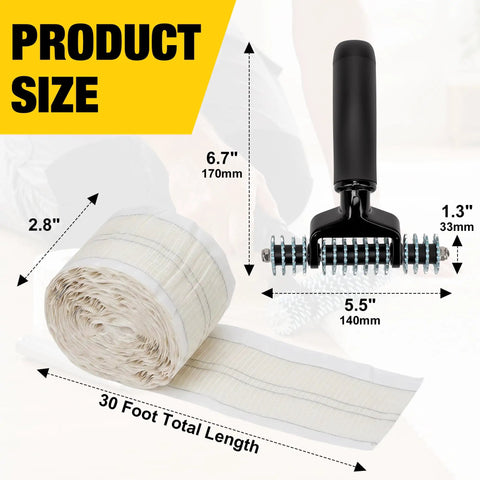 Upgraded Carpet Patch Repair Kit With Strong Double Sided Seam Tape For Living Room Hard Surfaces showing dimensions 30ft tape and roller.