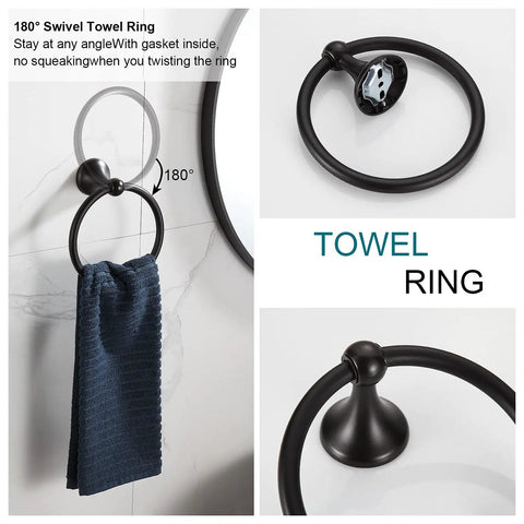 Oil Rubbed Bronze Adjustable Expandable Towel Bar 4 Piece Bathroom Hardware Set with wall mounted towel ring detail view