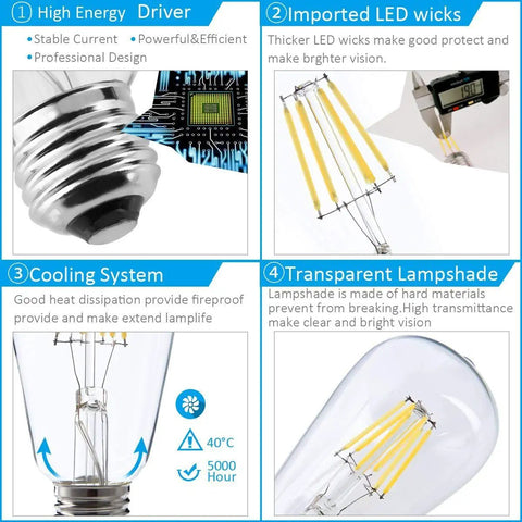 Features of Dimmable Vintage Edison LED Bulb Pack Of 6 With Warm White 2700K Glow E26 Base 400 Lumens 40W Equivalent