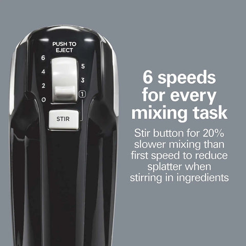 Slick Electric Hand Mixer Packing Six Speeds Plus A Dedicated Stir Button To Dodge Splatter While Whipping Up Thick Dough Or Fluffy Batter Plus Dual Beaters And Heavy Duty Hook Attachments showing controls including stir button.
