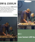 Father and child working under 6-Pack A19 LED Light Bulbs That Do 100W Equivalent Daylight 5000K Brightness, Super Efficient 13W, 1500 Lumens, E26 Base, Non-Dimmable, 15000-Hour Lifespan For Bedroom, Living Room, Office, in a workshop.