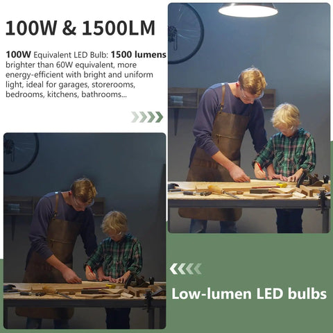 Father and child working under 6-Pack A19 LED Light Bulbs That Do 100W Equivalent Daylight 5000K Brightness, Super Efficient 13W, 1500 Lumens, E26 Base, Non-Dimmable, 15000-Hour Lifespan For Bedroom, Living Room, Office, in a workshop.