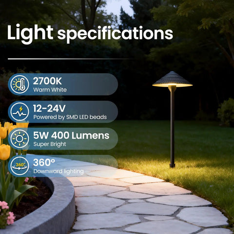 All In One Low Voltage Landscape Lighting Kit With Twelve 5W Pathway Lights And A 96W Transformer illuminating garden path