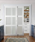 Sliding Closet Door Set For 72x80 Inch Openings, 3 Lite Frosted Glass MDF Barn Door With Hardware Kit, Two Panels, White Finish