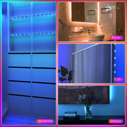Collage of PMMA Covered LED Strip Lights 16ft highlighting usage on wardrobe, mirror, TV, and picture, with RGB lighting.