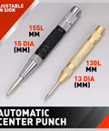 Black and gold 2 Pack 6 Inch Automatic Center Punch with adjustable impact tension and one hand operation, shown with dimensions.