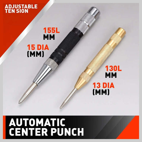 Black and gold 2 Pack 6 Inch Automatic Center Punch with adjustable impact tension and one hand operation, shown with dimensions.