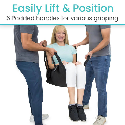 Hassle Free Chair To Bed Transfer Sling For Elderly And Disabled Patients Smooth Move Lift Assist Harness being used with 6 padded handles.