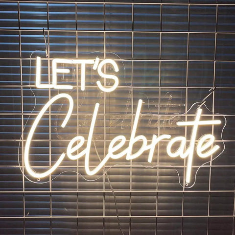 "LET'S Celebrate" LED neon sign on metal grid, 23.6 inch warm white glow, for wall decor, indoor bedroom, home, weddings, Christmas.