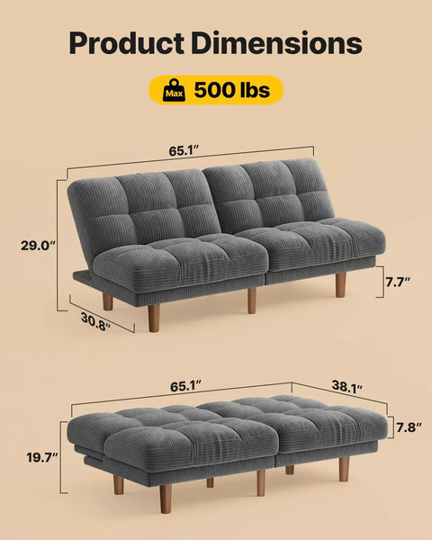 65 Inch Convertible Futon Sofa Bed With Adjustable Backrest Corduroy Grey Upholstery shown in sofa and bed dimensions.