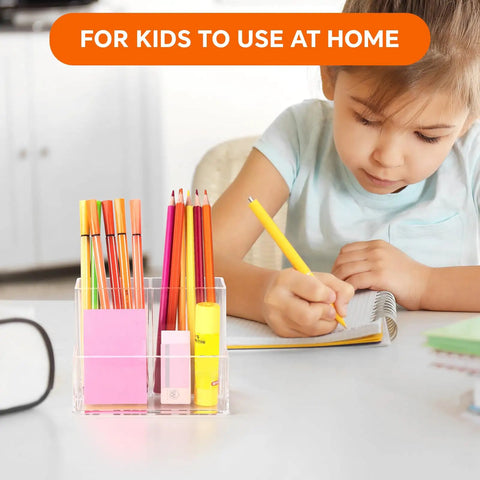 Clear Acrylic Desk Pen Holder With Three Independent Compartments, The Ultimate Pencil And Marker Organizer in use by child