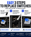 Blue Mechanical Keyboard Switches 60 Pack For Replacement And Testing 3 Pin Design Compatible With 5 Pin Layout Great For DIY Builds 3D Print Projects Mods And Spare Key Switches, 3-step use guide