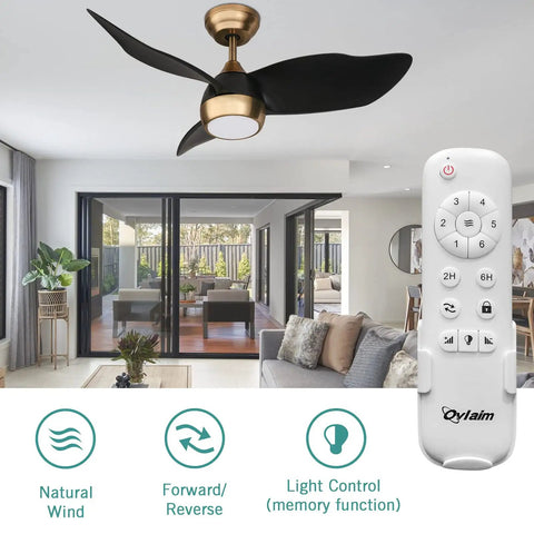 36 Inch Quiet DC Motor Ceiling Fan With 6 Speeds, Dimmable LED Light, Remote Control, 3 Blades, Sleek Black Gold Finish