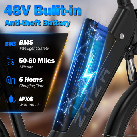 High Power 1000W Peak Electric Bike For Adults 48V built-in battery with BMS, 50-60 mile range, IPX6 waterproof rating
