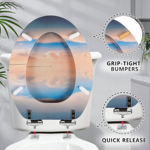 Elongated Toilet Seat Made From MDF Wood With Quiet Close And Quick Release Hinges No Fuss To Install And Clean Universal Fit For Most American Toilets Sky Blue placed on toilet with ocean sky design, showing grip-tight bumpers and quick release mechanism.