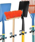Heavy Duty Shovel Holder Wall Mount And Garden Tool Hangers For Garage Wall Organization 10 Pack Includes Broom Clips Rake And Shovel Organizer With Hardware Included And Two Double Hooks holding shovels, broom, and rake