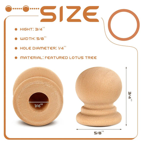 50 Pack Unfinished Wood Finials And Dowel Rod Caps With Classic Ball Shape For DIY Cabinet Hardware And Furniture Upgrades Natural Wooden Drawer Knobs 3/4in height, 5/8in width, made from lotus tree