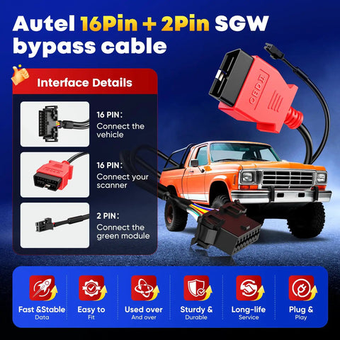 Gotta Have This OBD2 Diagnostic Tool Adapter For 2018 2020 Dodge Ram, showing 16 Pin to 2 Pin OBDII cable and car illustration.