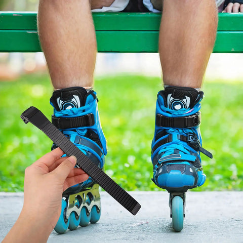 Person holding strap from Must-Have 2 Pack Inline Skate Strap Replacement Kit With Adjustable Buckles, Roller Brake Screws And Nuts.